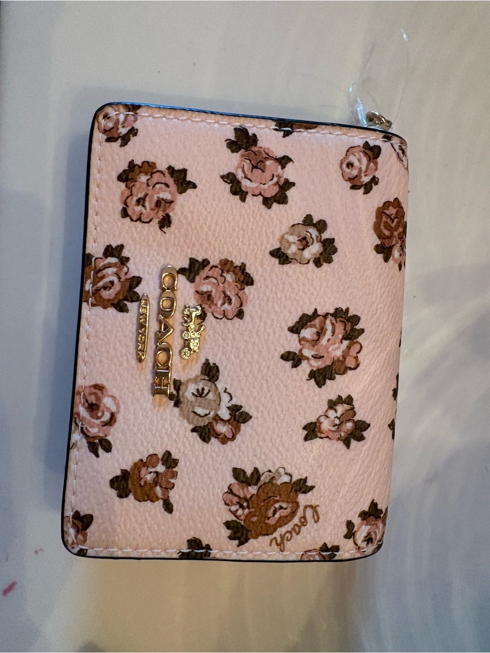 Coach Blush Pink Floral Card Case with Gold Chain